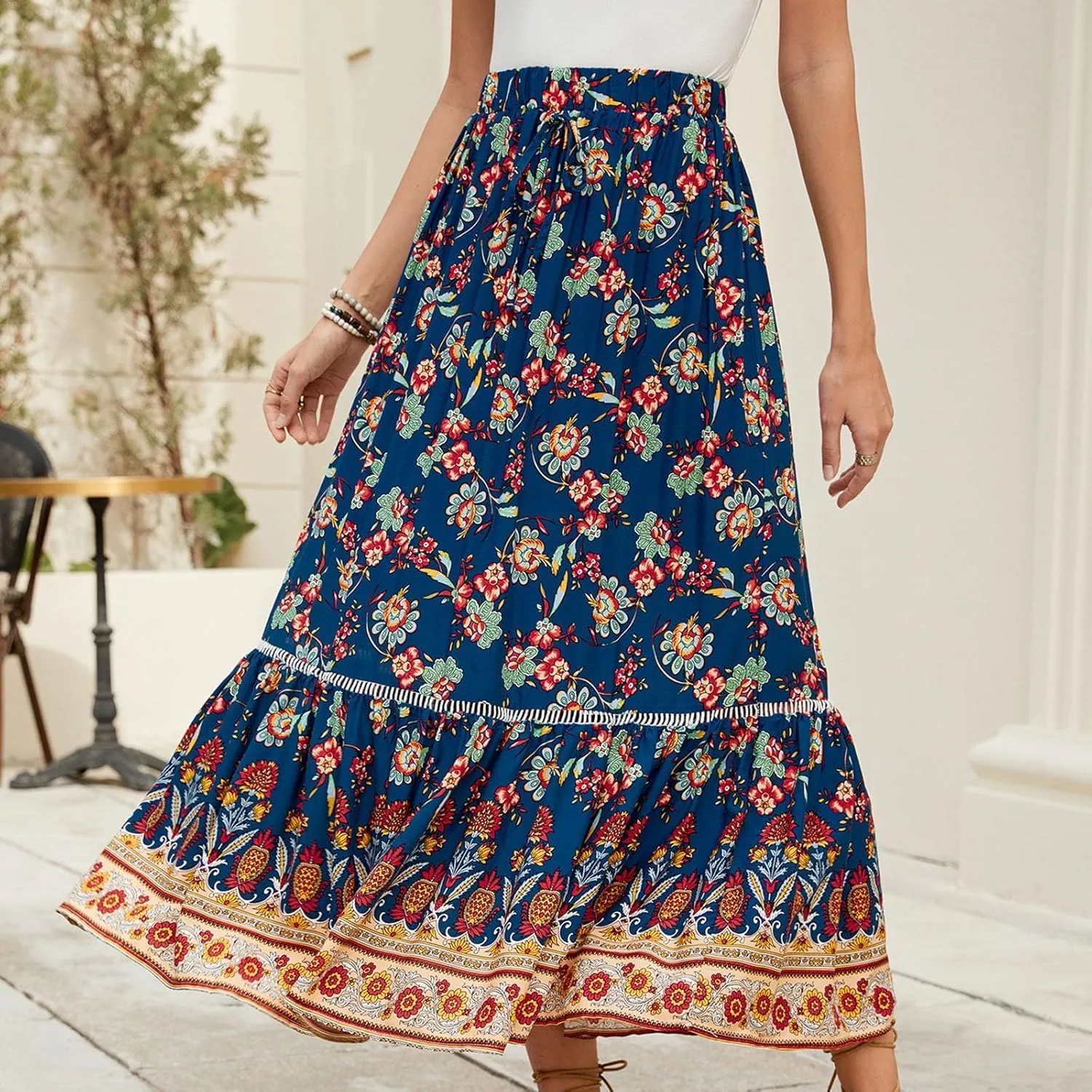 Beach Vacation Clothes for Women Summer Loose Casual Trendy Vintage Floral Printed Elastic Waist Boho Skirts, S-XL