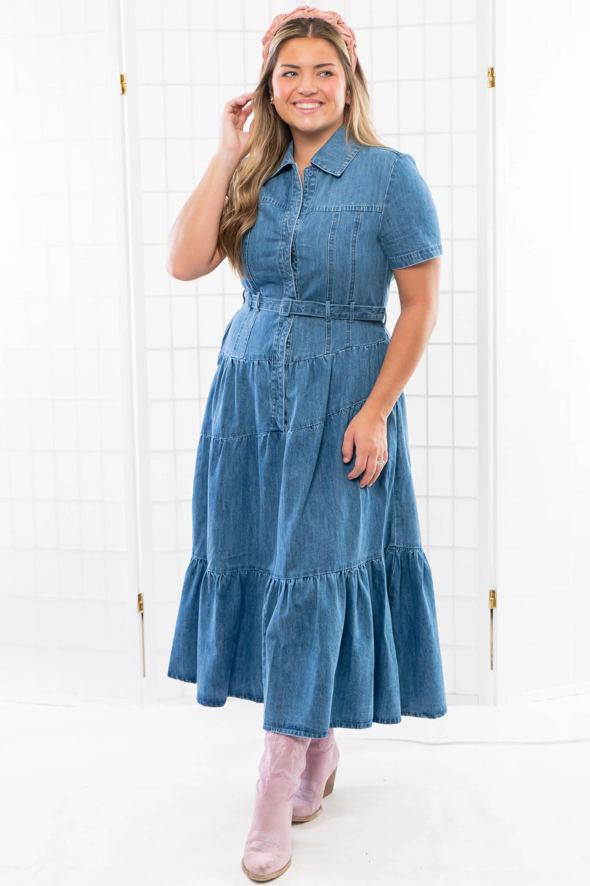 Bettie Tiered Button Down Denim Midi Dress