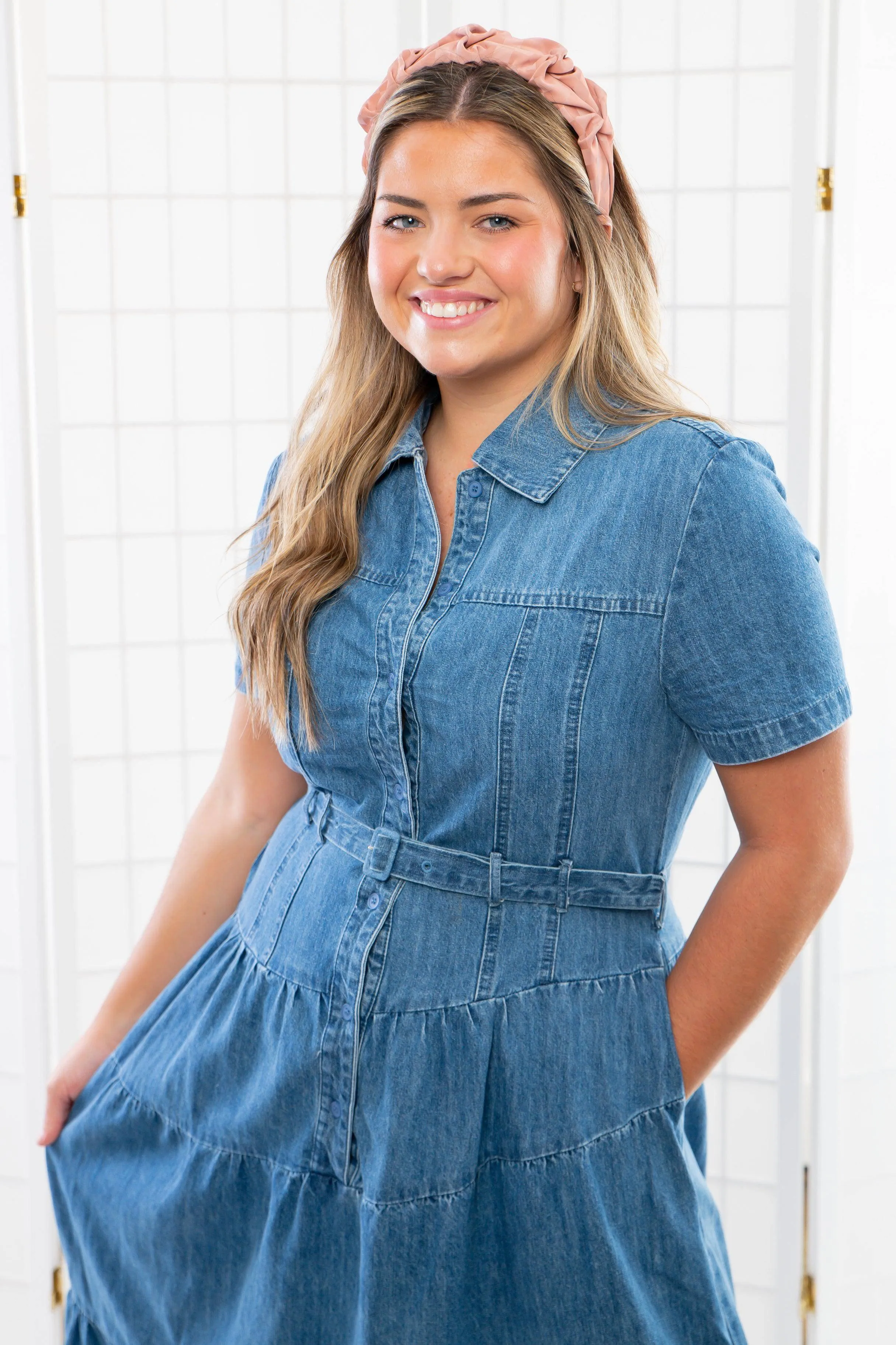 Bettie Tiered Button Down Denim Midi Dress