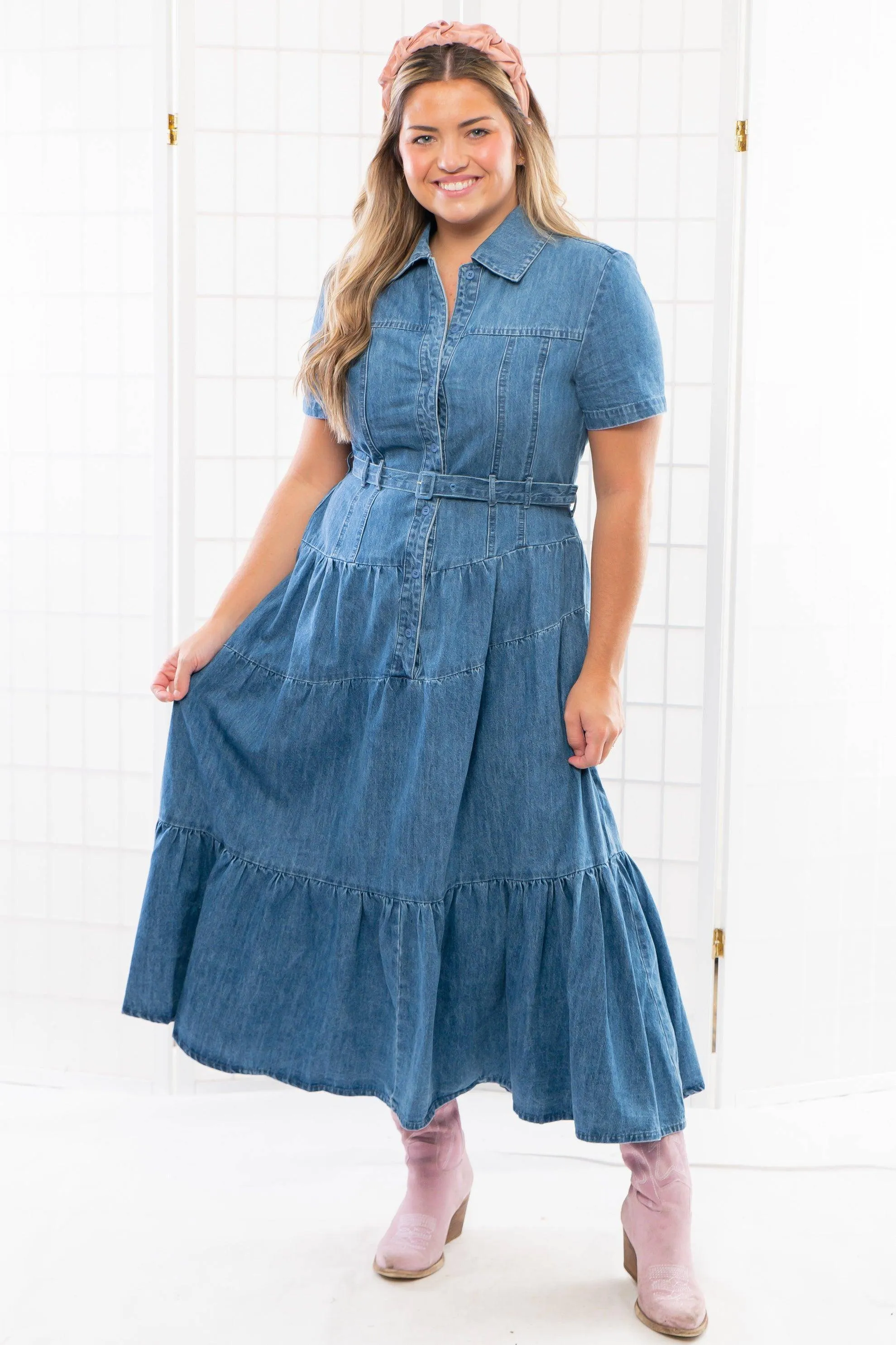 Bettie Tiered Button Down Denim Midi Dress