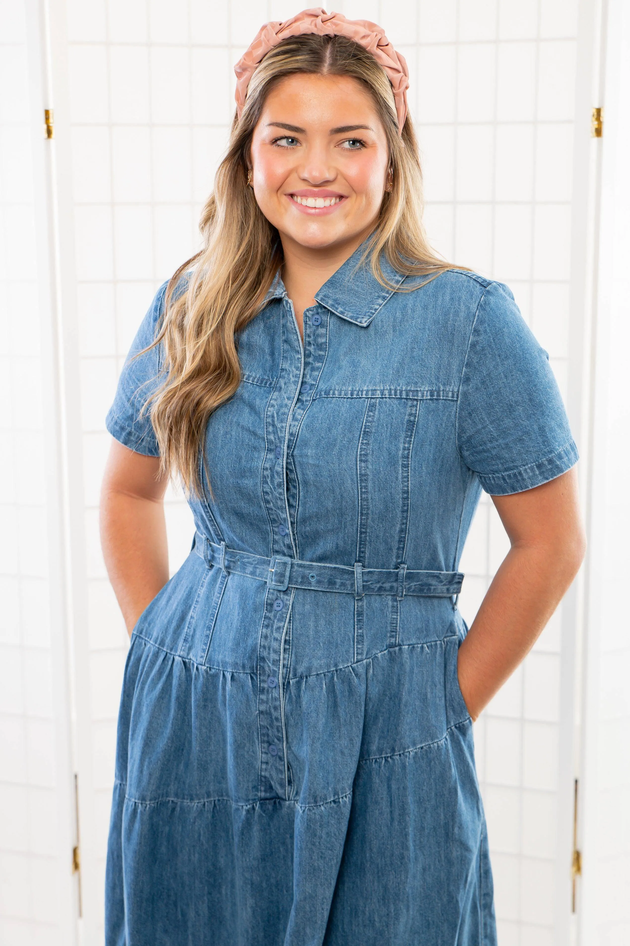 Bettie Tiered Button Down Denim Midi Dress