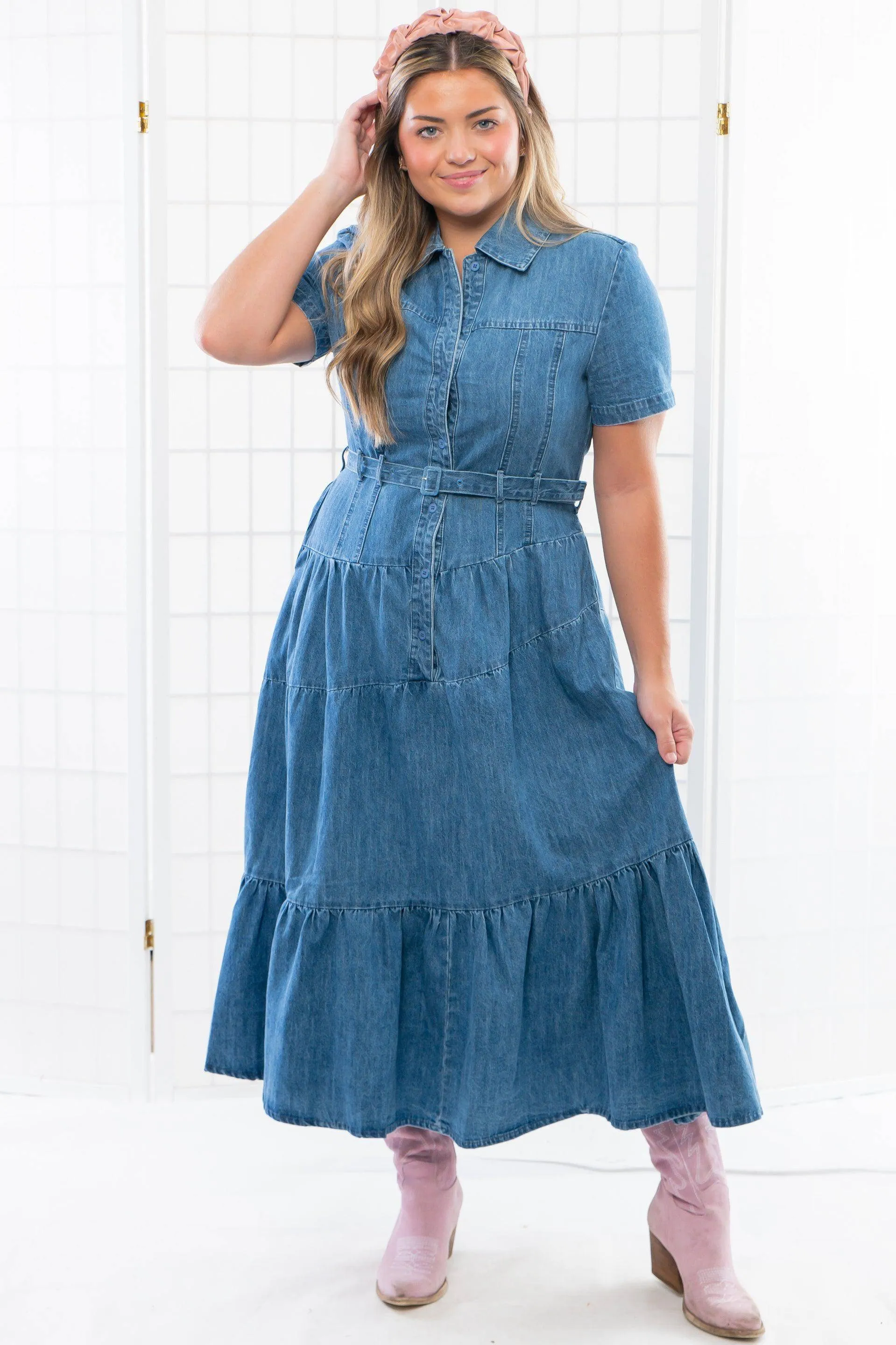 Bettie Tiered Button Down Denim Midi Dress