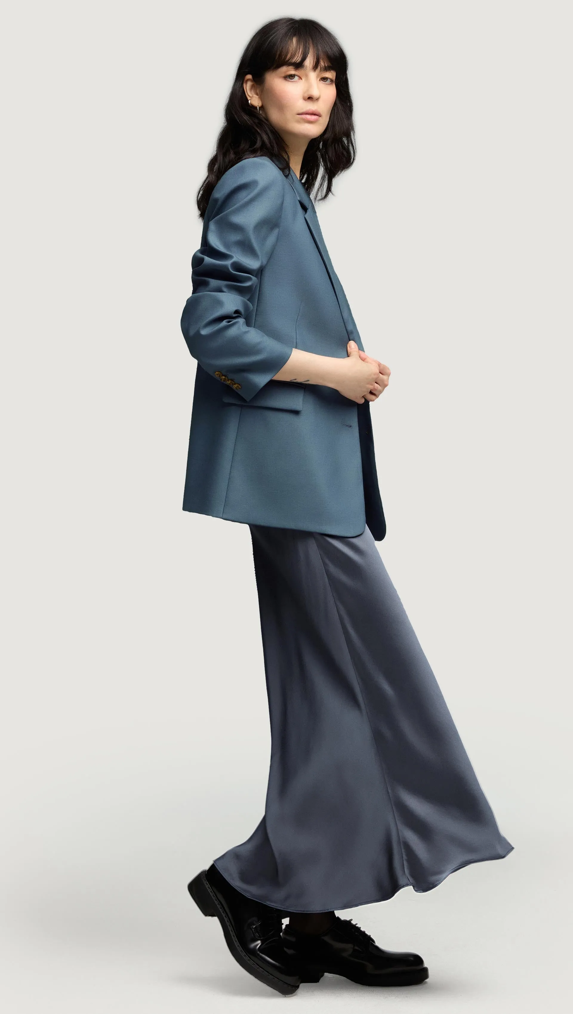 Bias Dress in Viscose Satin | Stone Blue