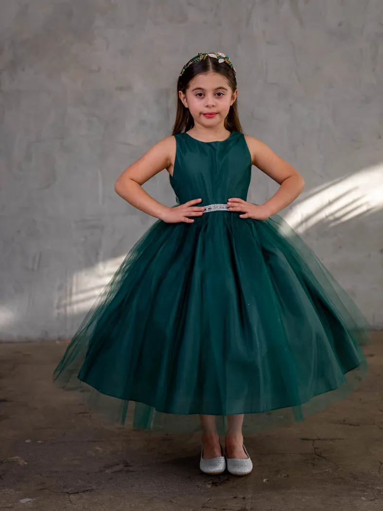 Big Girls Hunter Green Rhinestone Tulle Junior Bridesmaid Dress 8-12