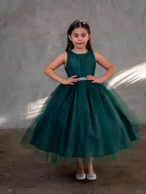 Big Girls Hunter Green Rhinestone Tulle Junior Bridesmaid Dress 8-12