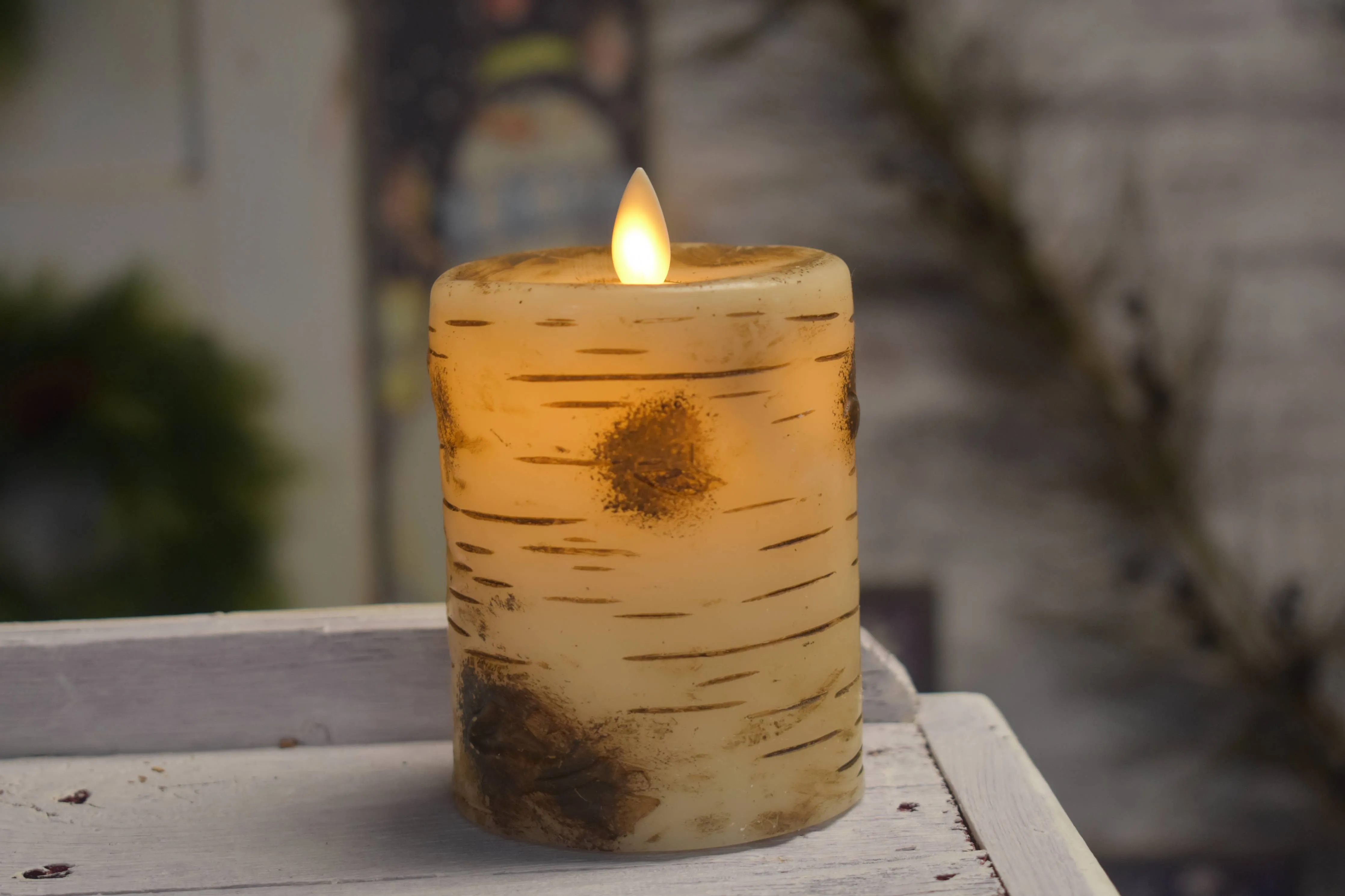 Birch Pillar Candle Moving Flame- Short