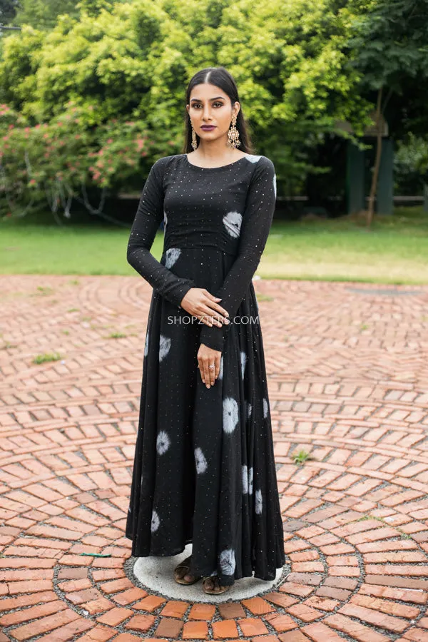 Black Muslin Sequence Batik Print Dress