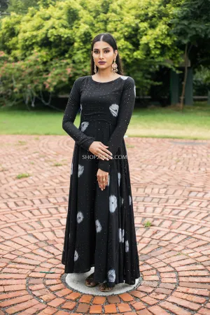 Black Muslin Sequence Batik Print Dress