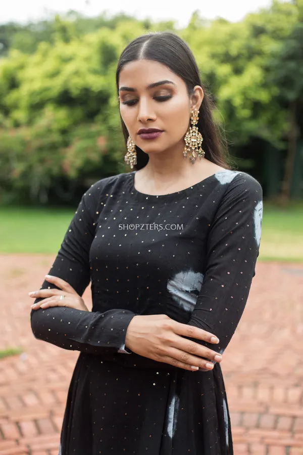 Black Muslin Sequence Batik Print Dress