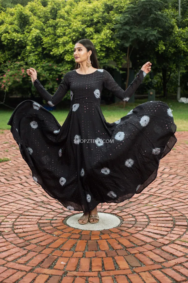 Black Muslin Sequence Batik Print Dress