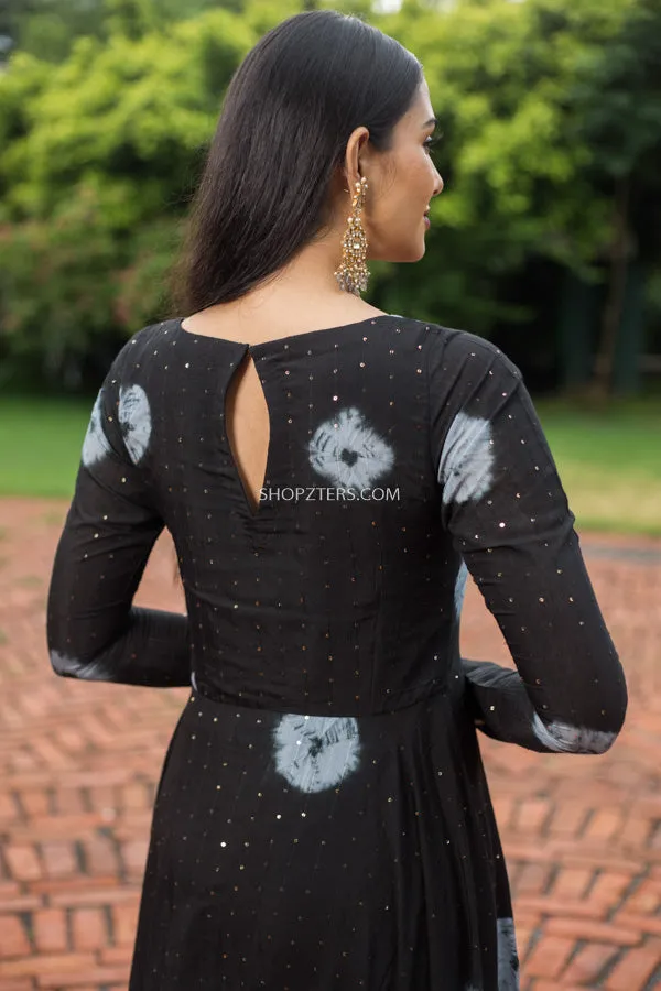 Black Muslin Sequence Batik Print Dress