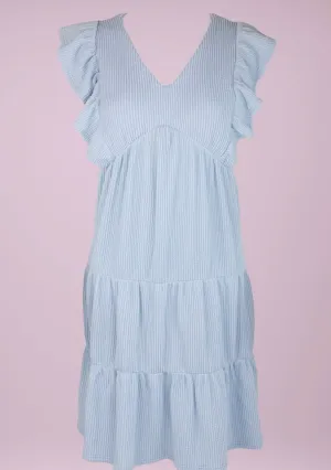 Blue Ribbed V Neck Dress With Ruffle Sleeves (S-XXL)