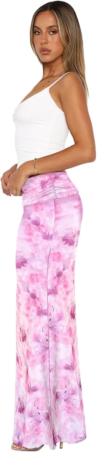 Bodycon Maxi Skirts for Women, Foldover High Waist Floral Leopard Cheetah Print Sexy Club Long Y2k Skirt