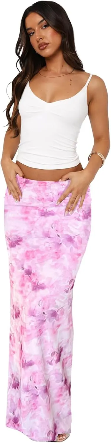 Bodycon Maxi Skirts for Women, Foldover High Waist Floral Leopard Cheetah Print Sexy Club Long Y2k Skirt