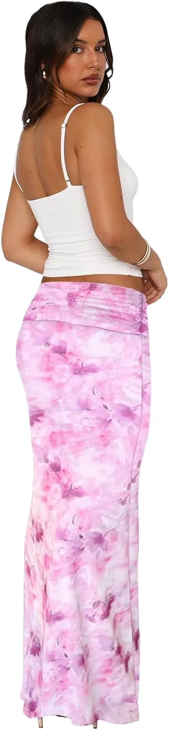 Bodycon Maxi Skirts for Women, Foldover High Waist Floral Leopard Cheetah Print Sexy Club Long Y2k Skirt