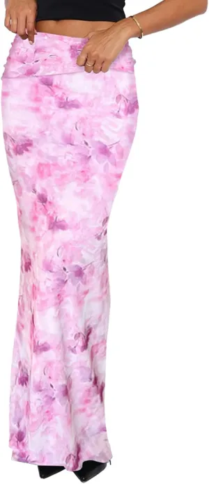 Bodycon Maxi Skirts for Women, Foldover High Waist Floral Leopard Cheetah Print Sexy Club Long Y2k Skirt