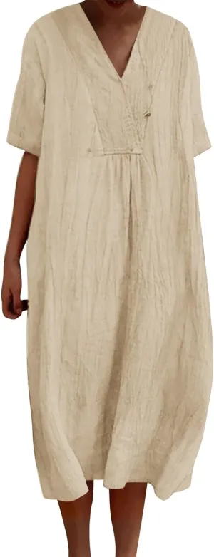 Boho Dresses for Women 2024 Linen Vintage Solid Midi Dress with Pockets V Neck Loose Casual Flowy Summer Beach Dress