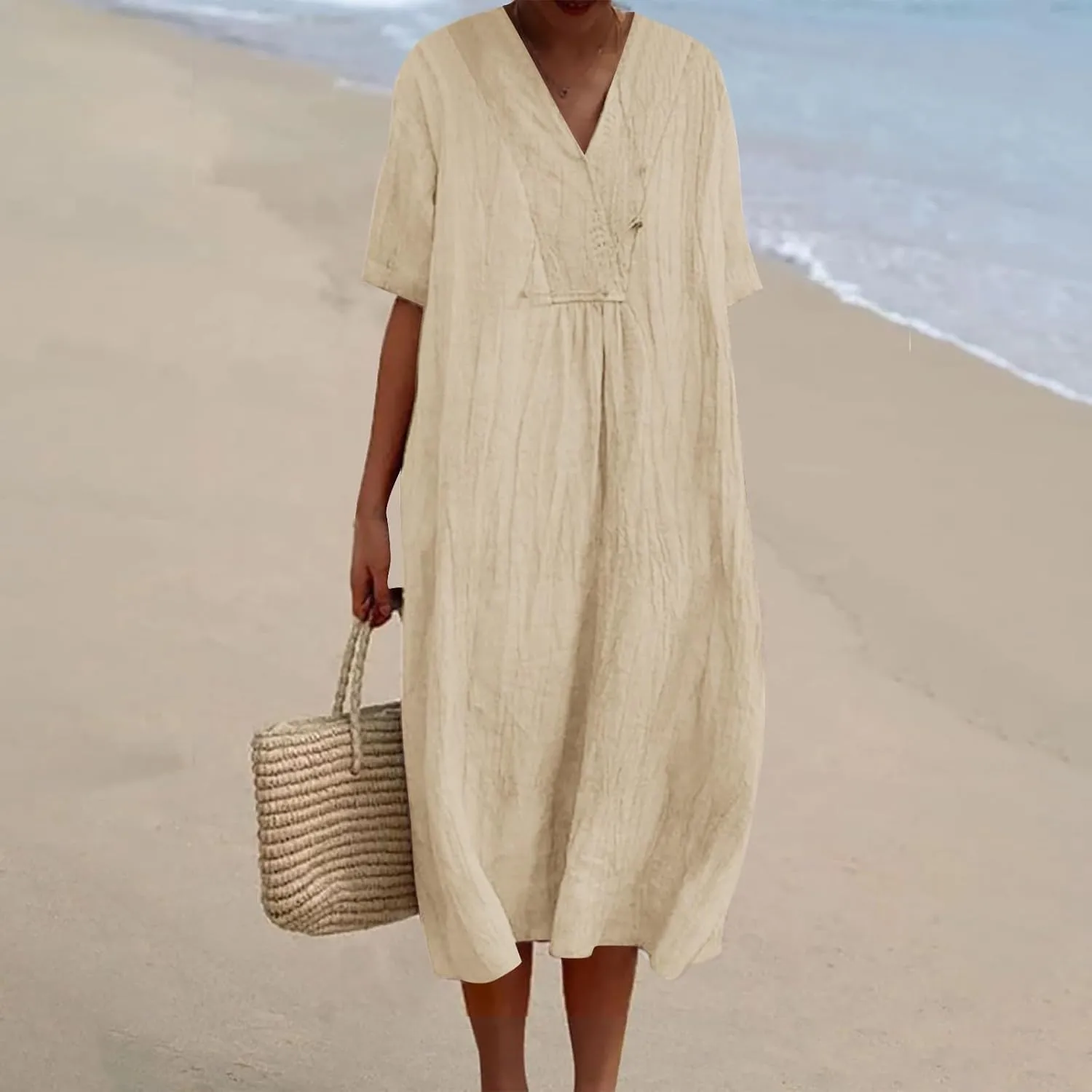 Boho Dresses for Women 2024 Linen Vintage Solid Midi Dress with Pockets V Neck Loose Casual Flowy Summer Beach Dress
