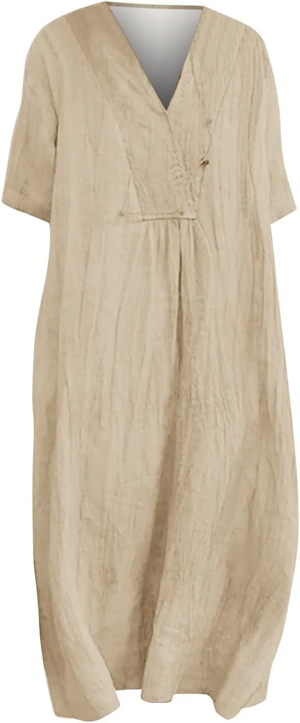 Boho Dresses for Women 2024 Linen Vintage Solid Midi Dress with Pockets V Neck Loose Casual Flowy Summer Beach Dress