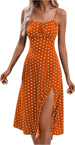 Boho Dresses for Women 2024 Milkmaid Sundress Spaghetti Strap Polka Dot Print Split Side Midi Dress Summer Beach Dress