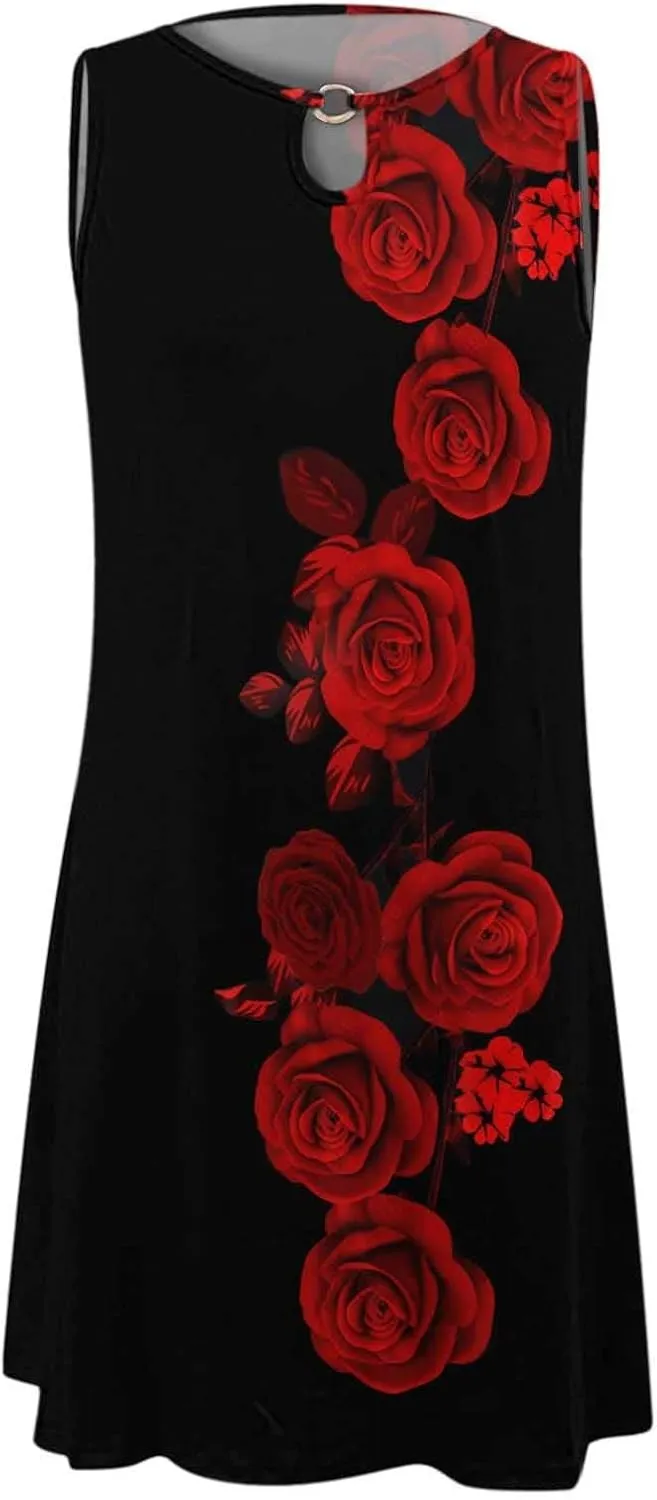 Boho Dresses for Women 2024 Sleeveless Hollow Out Mini Dress Summer Elegant Floral Print Bohemian Sundress Going Out