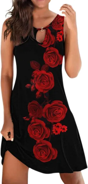 Boho Dresses for Women 2024 Sleeveless Hollow Out Mini Dress Summer Elegant Floral Print Bohemian Sundress Going Out