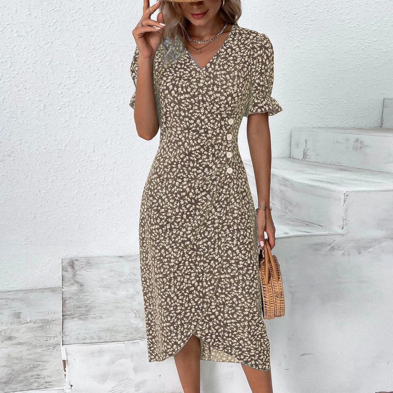 Boho Dresses for Women 2024 Summer Floral Print V Neck Maxi Wrap Dress Hawaiian Beach Tropical Flowy Dress