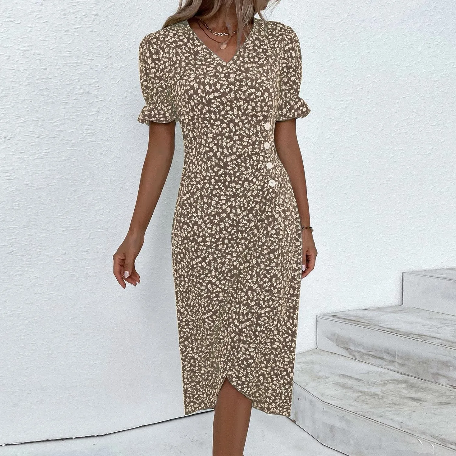Boho Dresses for Women 2024 Summer Floral Print V Neck Maxi Wrap Dress Hawaiian Beach Tropical Flowy Dress