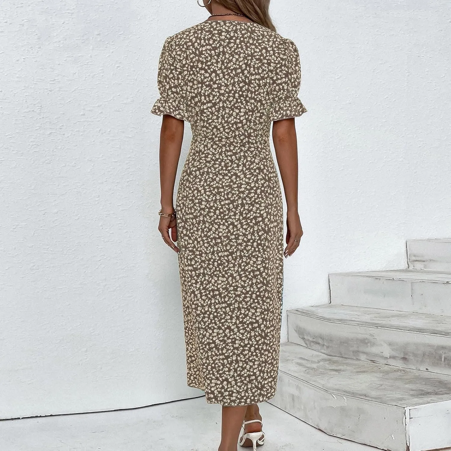 Boho Dresses for Women 2024 Summer Floral Print V Neck Maxi Wrap Dress Hawaiian Beach Tropical Flowy Dress