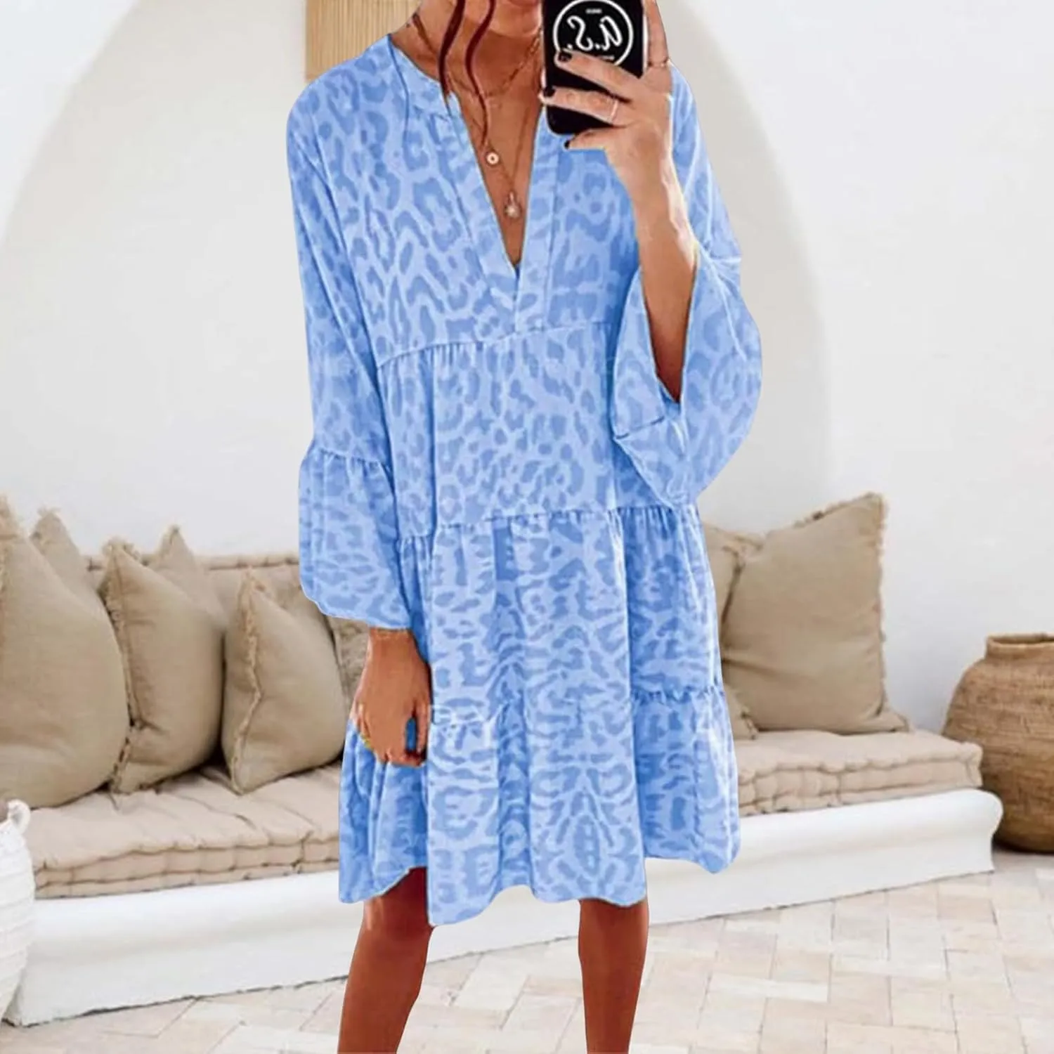 Boho Dresses for Women 2025 Long Sleeve V Neck Dress Casual Spring Summer Midi Dress Flowy Beach Vacation Dresses