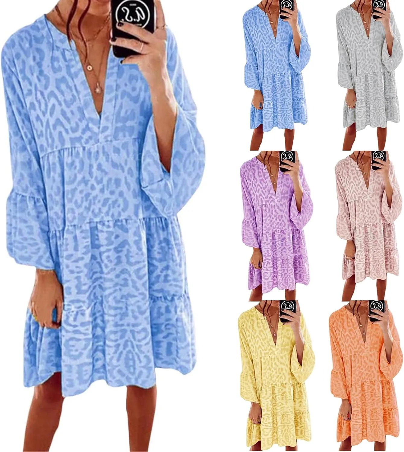 Boho Dresses for Women 2025 Long Sleeve V Neck Dress Casual Spring Summer Midi Dress Flowy Beach Vacation Dresses