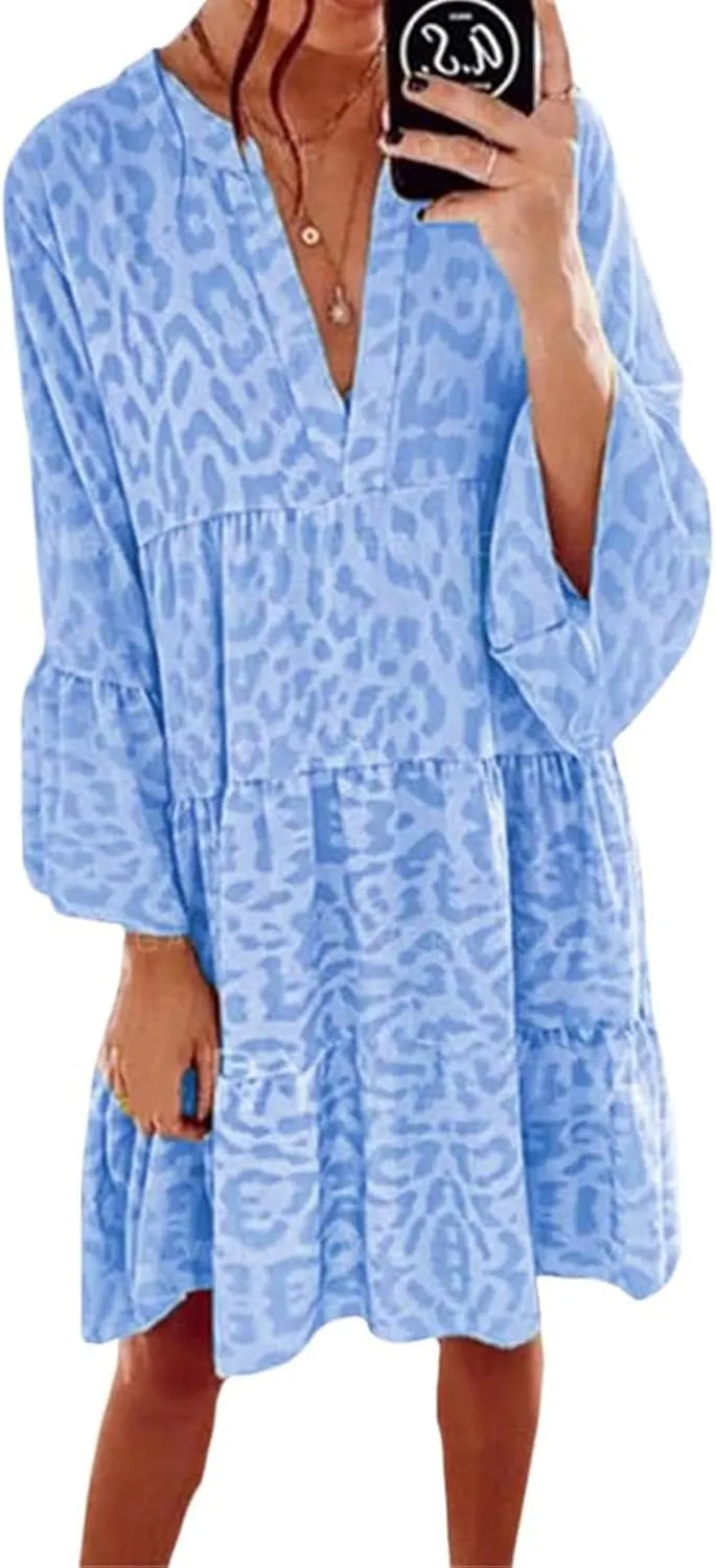 Boho Dresses for Women 2025 Long Sleeve V Neck Dress Casual Spring Summer Midi Dress Flowy Beach Vacation Dresses
