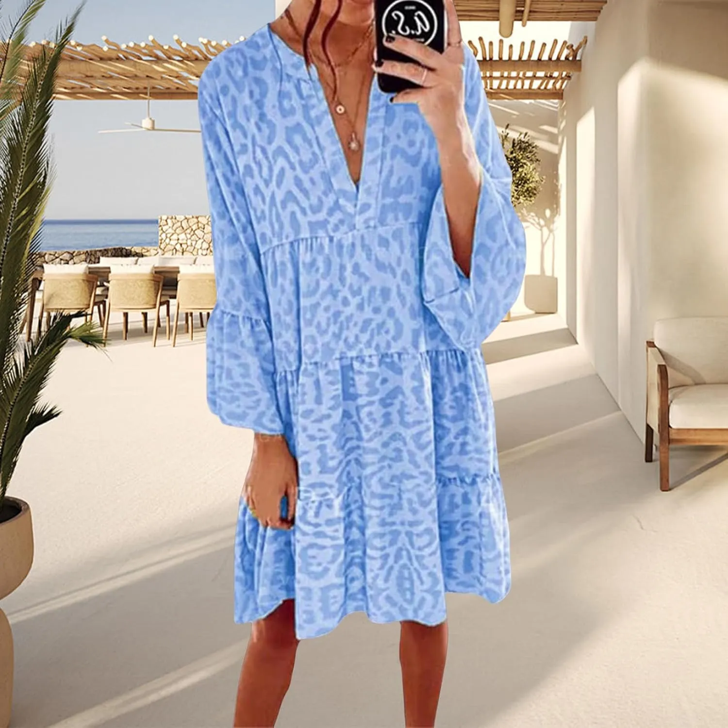 Boho Dresses for Women 2025 Long Sleeve V Neck Dress Casual Spring Summer Midi Dress Flowy Beach Vacation Dresses