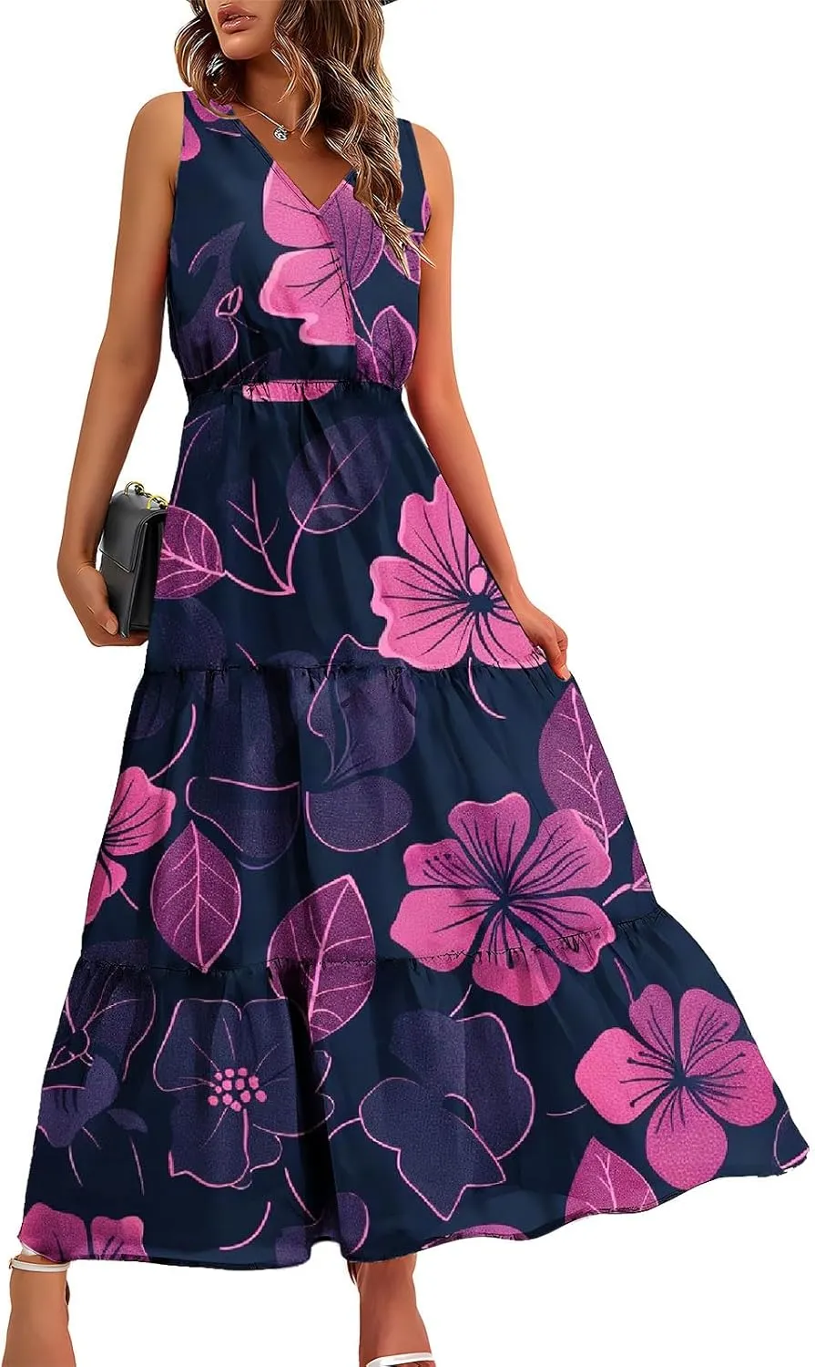 Boho Dresses for Women Casual Floral Graphic Print Maxi Dresses Sleeveless Flowy Fashion Vintage Sundress