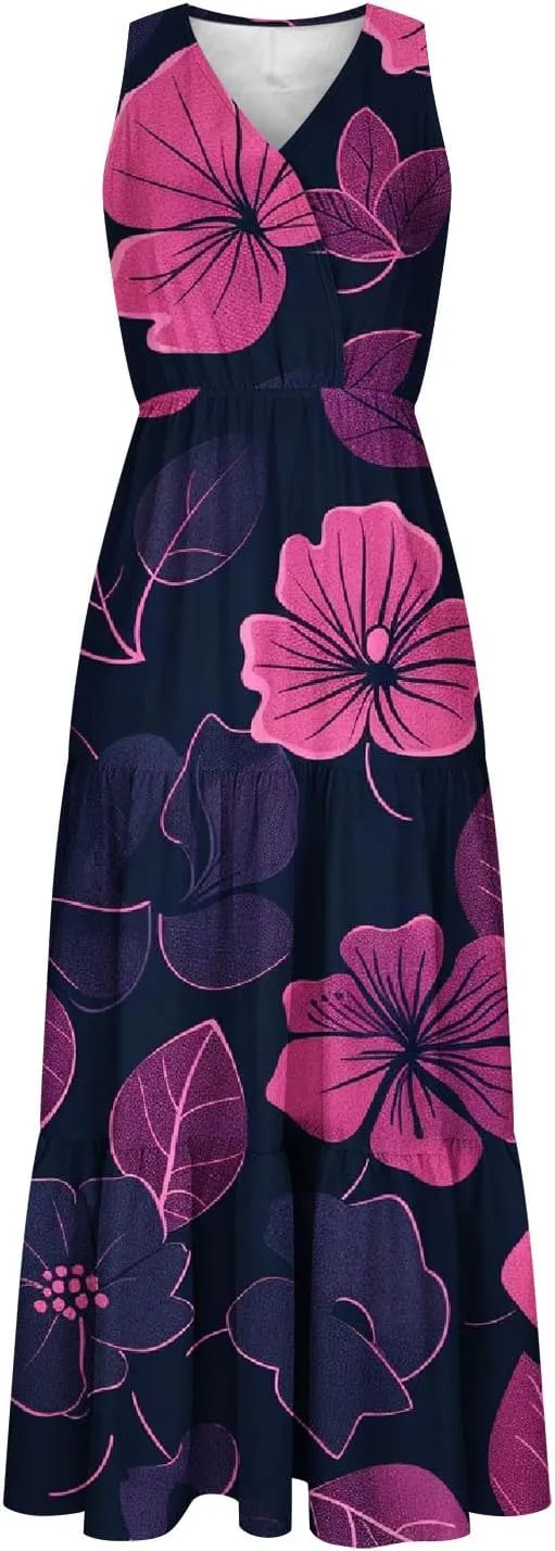 Boho Dresses for Women Casual Floral Graphic Print Maxi Dresses Sleeveless Flowy Fashion Vintage Sundress