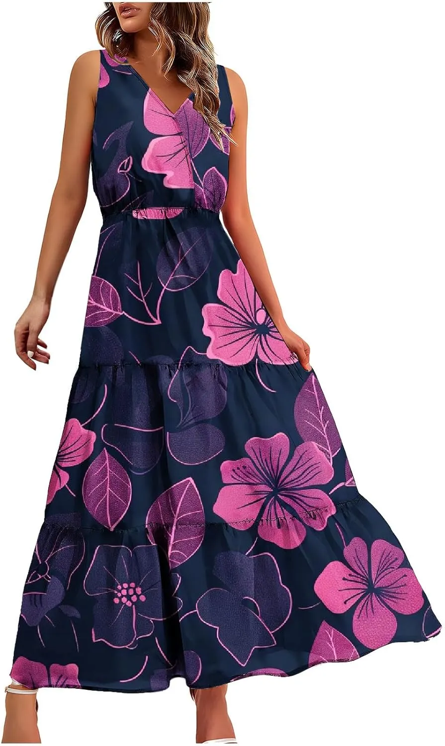 Boho Dresses for Women Casual Floral Graphic Print Maxi Dresses Sleeveless Flowy Fashion Vintage Sundress