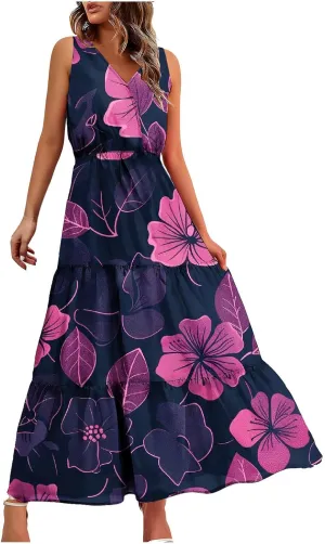 Boho Dresses for Women Casual Floral Graphic Print Maxi Dresses Sleeveless Flowy Fashion Vintage Sundress