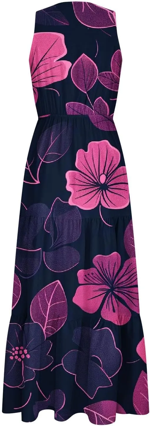 Boho Dresses for Women Casual Floral Graphic Print Maxi Dresses Sleeveless Flowy Fashion Vintage Sundress