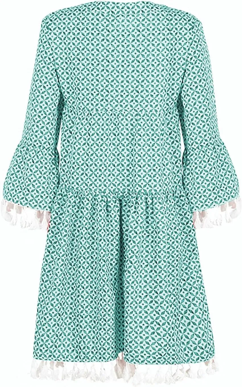 Boho Dresses for Women,2025 Summer Floral Print Tassel Beach Dress,Casual Loose V Neck 3/4 Sleeve Mini Vacation Dress
