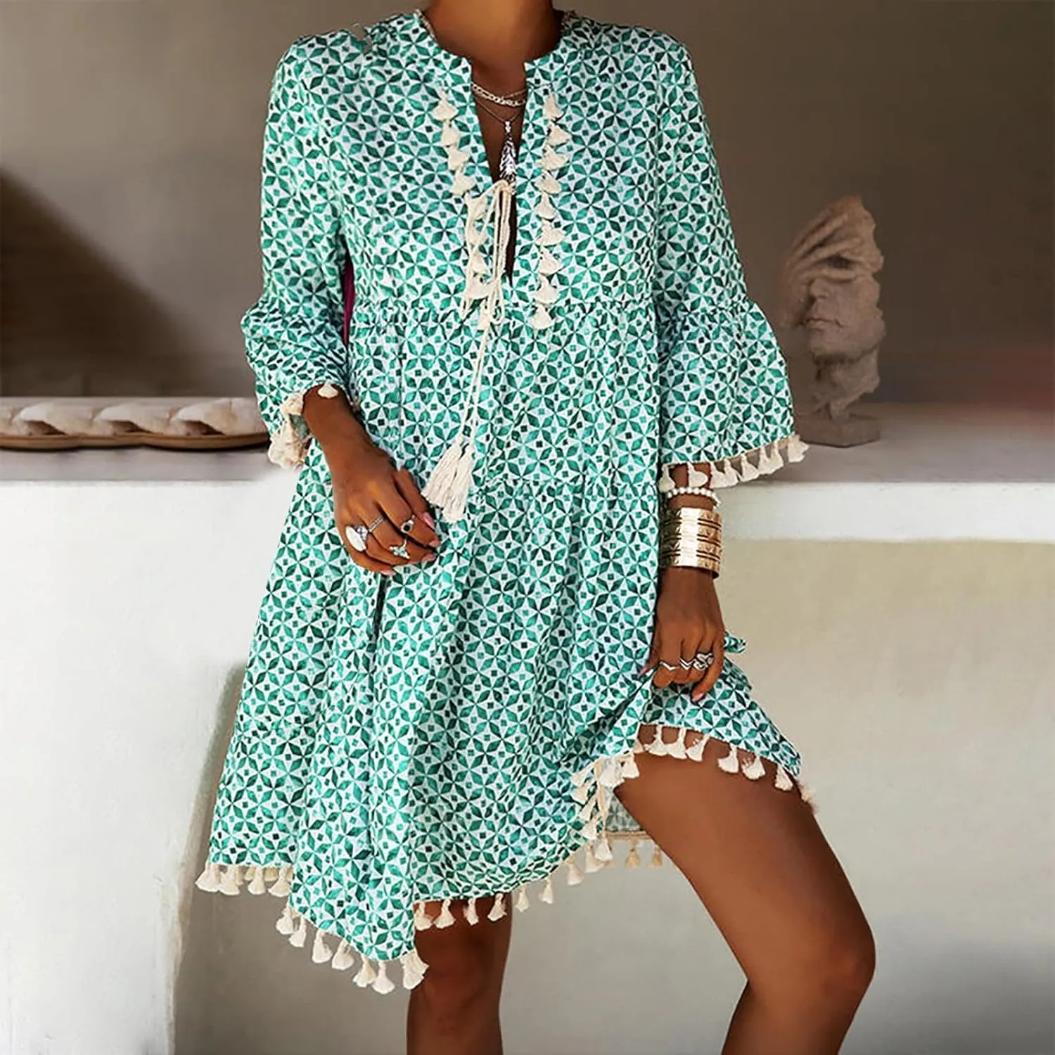 Boho Dresses for Women,2025 Summer Floral Print Tassel Beach Dress,Casual Loose V Neck 3/4 Sleeve Mini Vacation Dress