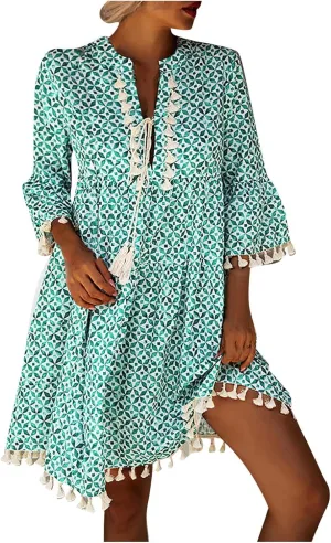 Boho Dresses for Women,2025 Summer Floral Print Tassel Beach Dress,Casual Loose V Neck 3/4 Sleeve Mini Vacation Dress