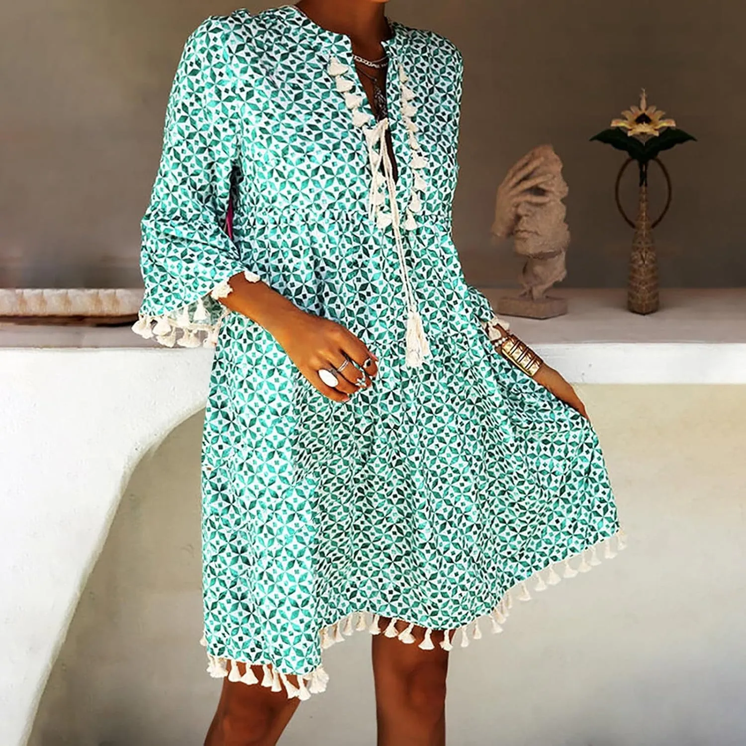 Boho Dresses for Women,2025 Summer Floral Print Tassel Beach Dress,Casual Loose V Neck 3/4 Sleeve Mini Vacation Dress
