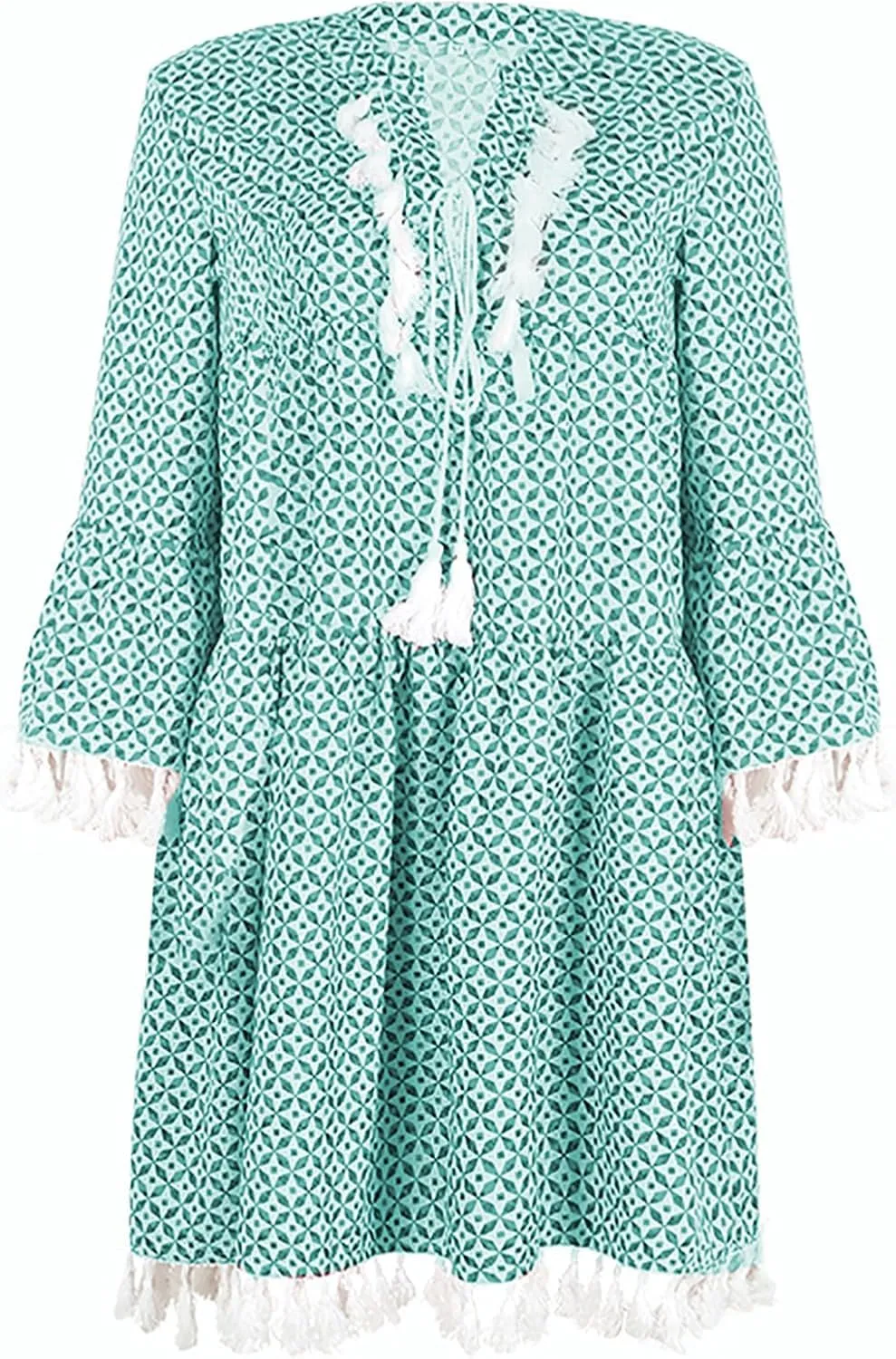 Boho Dresses for Women,2025 Summer Floral Print Tassel Beach Dress,Casual Loose V Neck 3/4 Sleeve Mini Vacation Dress