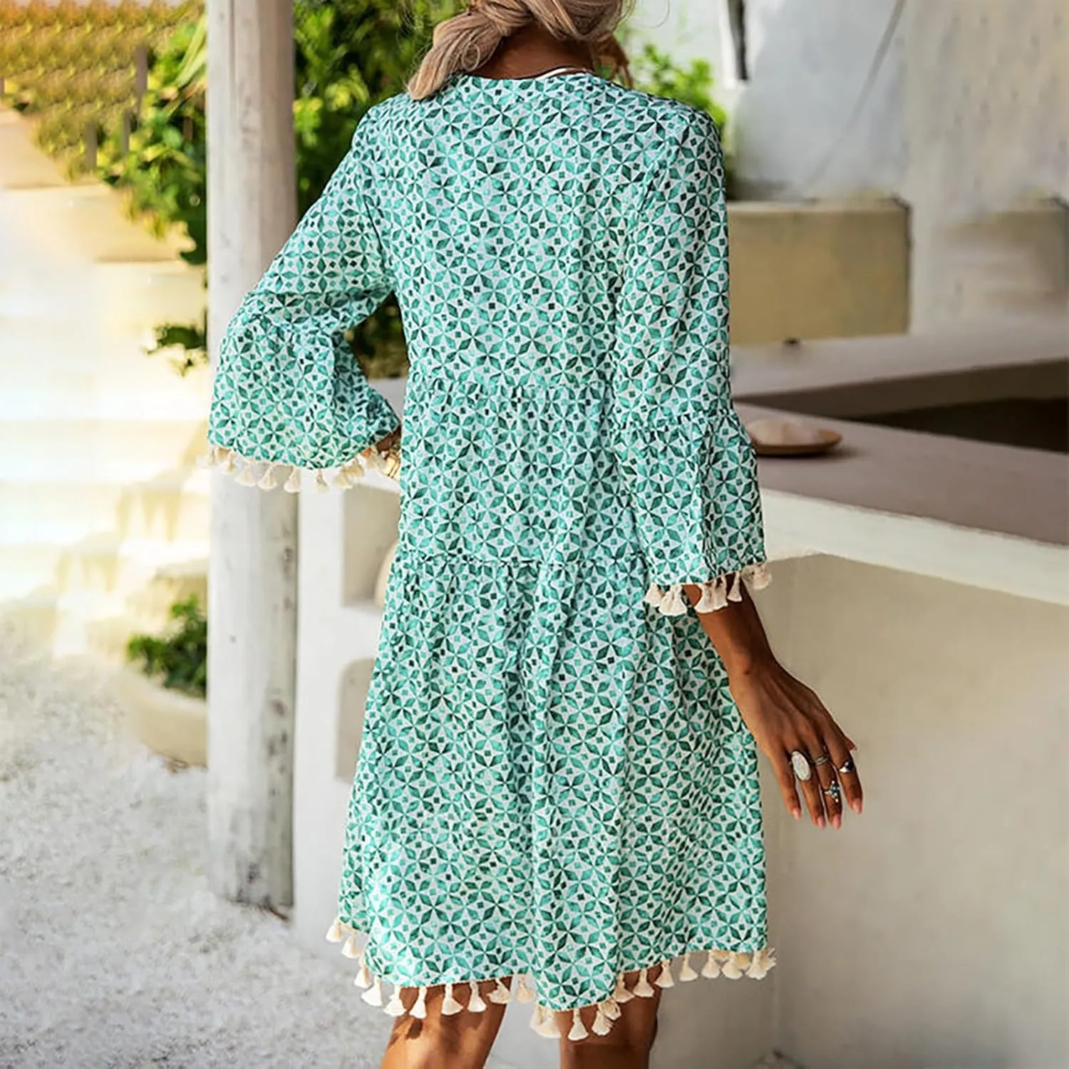 Boho Dresses for Women,2025 Summer Floral Print Tassel Beach Dress,Casual Loose V Neck 3/4 Sleeve Mini Vacation Dress