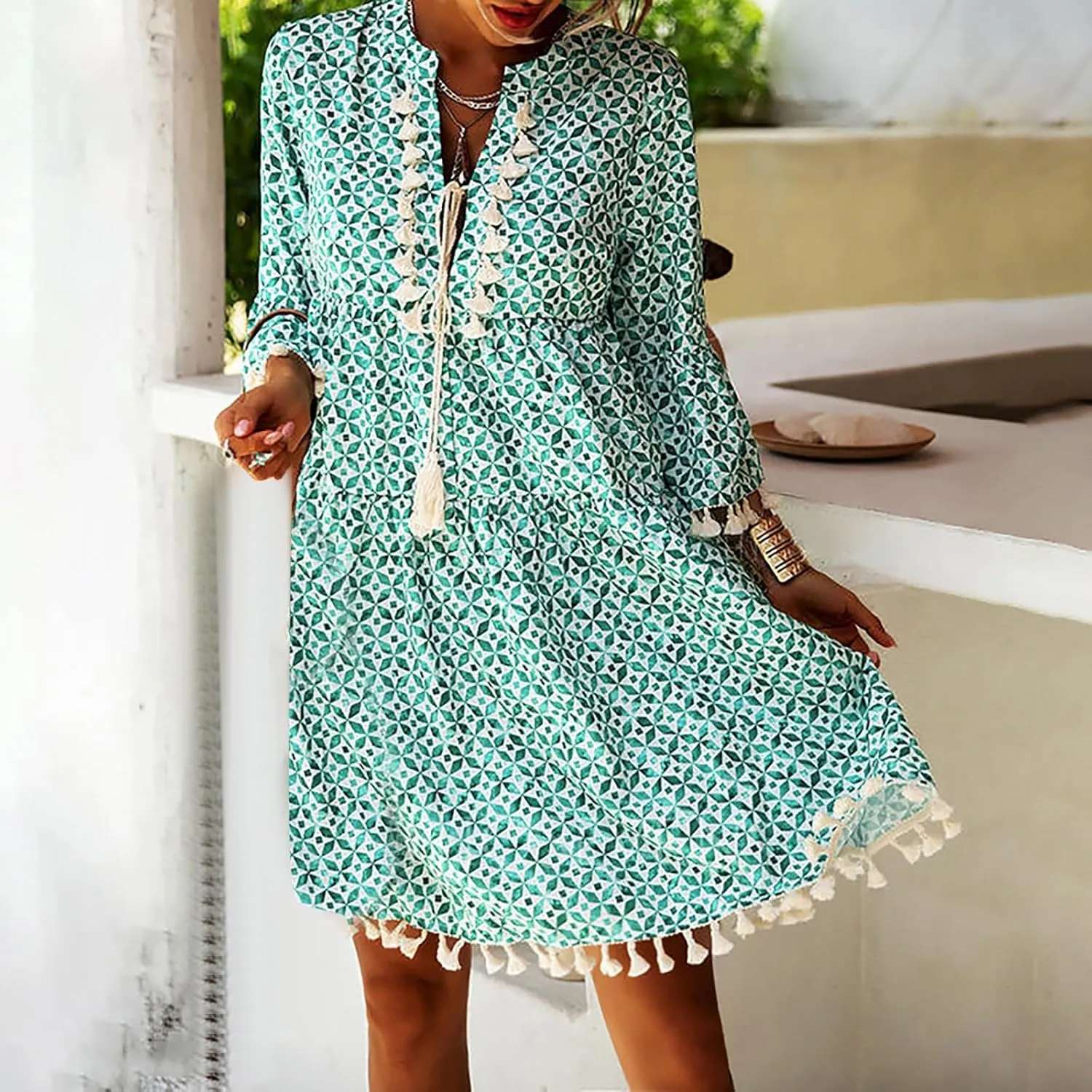 Boho Dresses for Women,2025 Summer Floral Print Tassel Beach Dress,Casual Loose V Neck 3/4 Sleeve Mini Vacation Dress