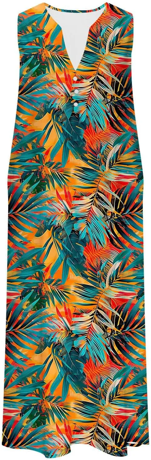 Boho Dresses for Women's 2025 Sundress Plus Loose V Neck Sleeveless Dress Trendy Summer Floral Print Swimsuit Coverups