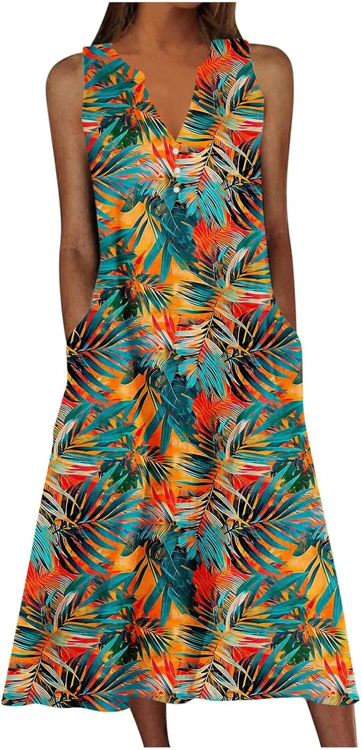Boho Dresses for Women's 2025 Sundress Plus Loose V Neck Sleeveless Dress Trendy Summer Floral Print Swimsuit Coverups