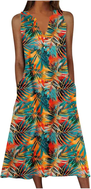 Boho Dresses for Women's 2025 Sundress Plus Loose V Neck Sleeveless Dress Trendy Summer Floral Print Swimsuit Coverups
