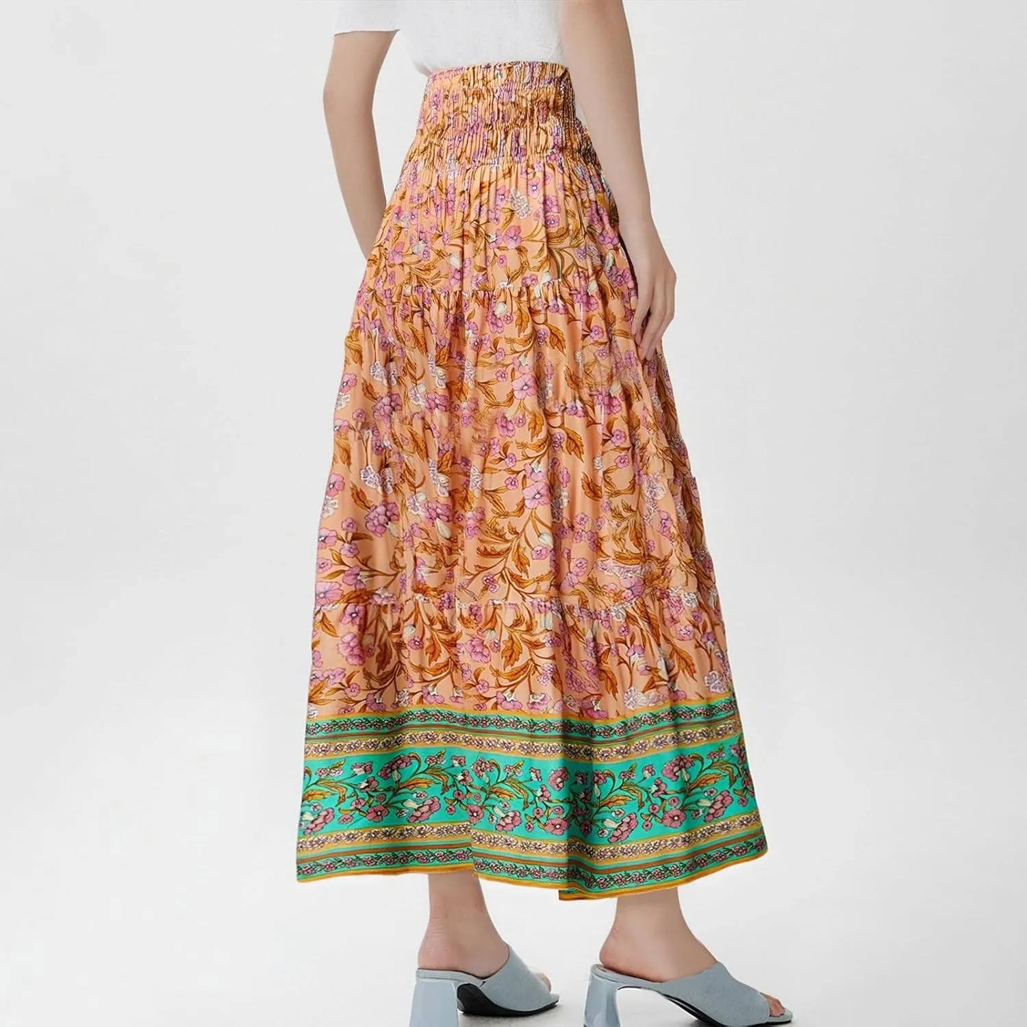 Boho Maxi Skirt for Women 2025 Casual Smocked High Waisted Long Flowy Skirts Plus Size A line Tiered Summer Skirt