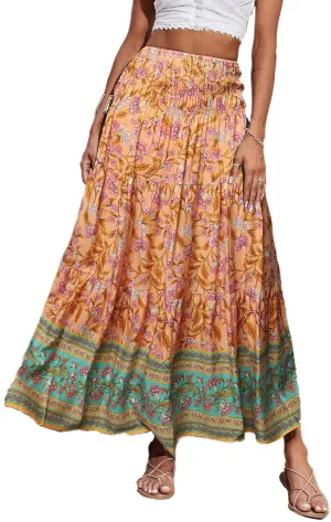 Boho Maxi Skirt for Women 2025 Casual Smocked High Waisted Long Flowy Skirts Plus Size A line Tiered Summer Skirt